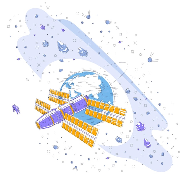 Vektor raumstation, die um die erde kreist, raumflug, raumschiff mit sonnenkollektoren, künstlichem satelliten, unter asteroidenregen und sternen. dünne linie 3d-vektor-illustration.