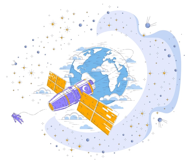 Raumstation, die um die erde kreist, raumflug, raumschiff mit sonnenkollektoren, künstlicher satellit, umgeben von sternen und anderen elementen. dünne linie 3d-vektor-illustration.