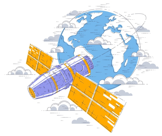 Vektor raumstation fliegt orbitalflug um die erde, raumschiff iss mit sonnenkollektoren, künstlicher satellit. dünne linie 3d-vektorillustration.