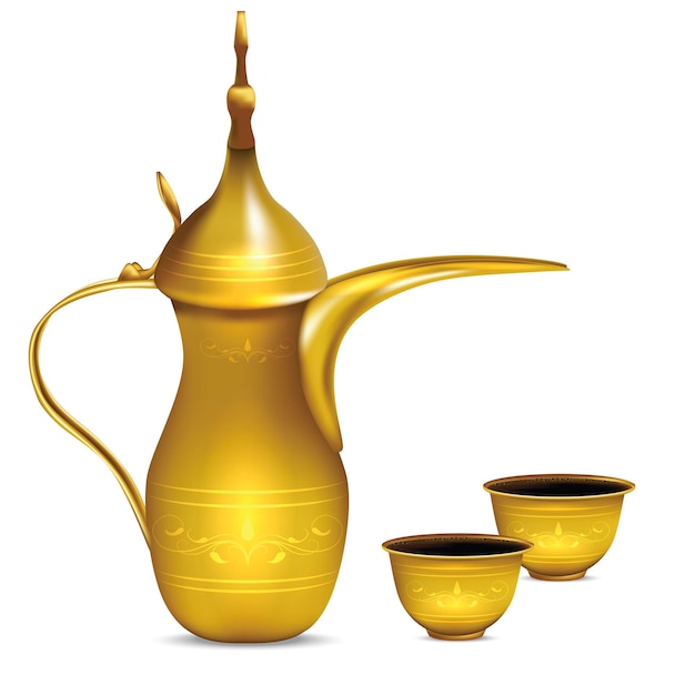 Realistisch detailliertes 3D-Vektor mit glänzendem Metall und arabischer Kaffeetasse