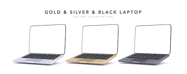 Realistisch eingestellte laptops in den farben gold, silber, schwarz mit schatten. vektor-illustration