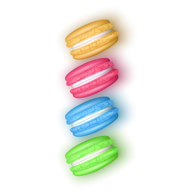 Vektor realistisch, macarons, süße, französische makronen, weiß, hintergrund, vektor, illustration