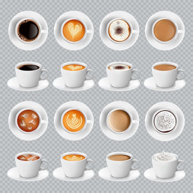 Vektor realistisch verschiedene kaffeesorten in weißen tassen