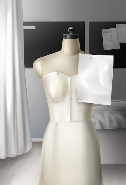 Vektor realistisch von mannequin zum nähen atelier. arbeitsraum mit stoffen, schaufensterpuppe, schnittmuster