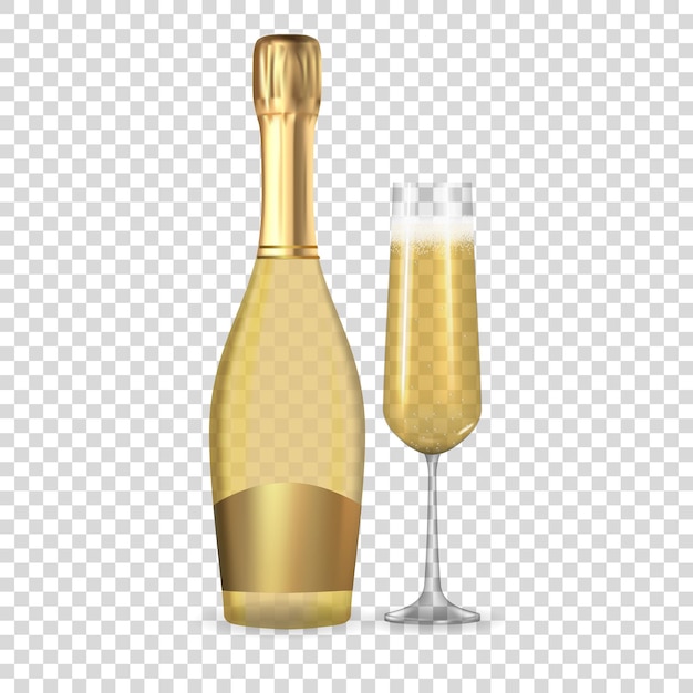 Realistische 3D-Champagner Goldene Flasche und Glassymbol isoliert