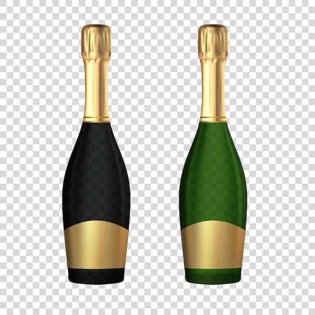 Realistische 3D-Champagner-Grün- und Schwarzflaschen-Ikone isoliert