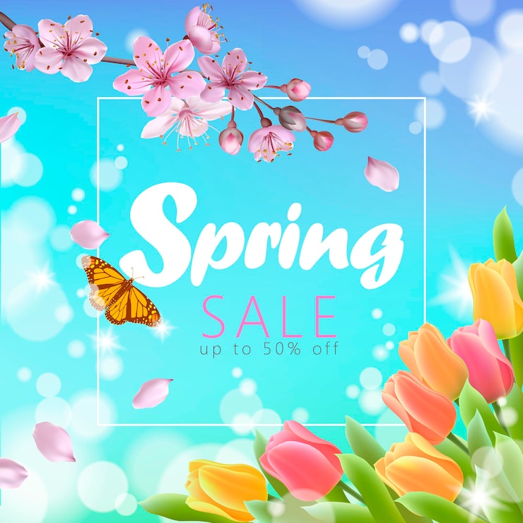 Vektor realistische 3d-frühlingsverkaufsskript-schriftzug-web-banner-vorlage. farbe rosa sakura kirschblüte tulpe blume blauer himmel landschaft hintergrund design platz sozial plakat vektor illustration kunst