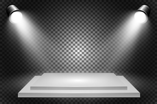 Realistische 3d-lichtbox mit plattform. podium mit scheinwerfern.