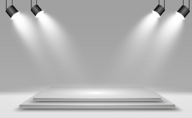 Realistische 3d-lichtbox mit plattformhintergrund für leistung, show, ausstellung. illustration von lightbox studio interior. podium mit scheinwerfern.