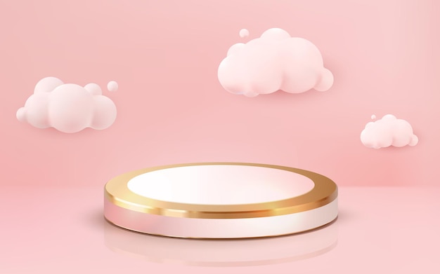 Realistische 3D-Luxus-Gold-Rosa-Pastell-Podium goldene Bühne auf rosa Hintergrund mit Wolke