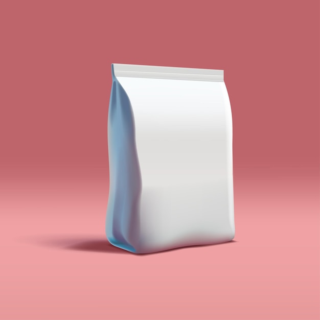 Realistische 3D-Rendering-Mockup-Taschenverpackung für Waschmittel oder Haustierfutter weiße weiche Verpackung isoliert Cartoon-Stil