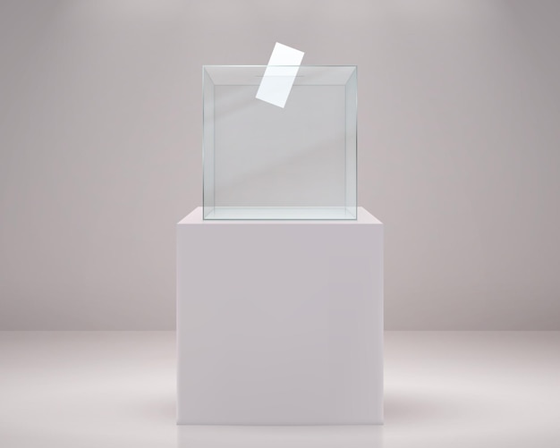 Realistische abstimmungsbox wahlpapier stimmzettel 3d transparenter behälter auf weißem podium umfragewürfel aus kunststoff mit loch und platz für logo vektor vertraulich wählen sie politische kandidaten