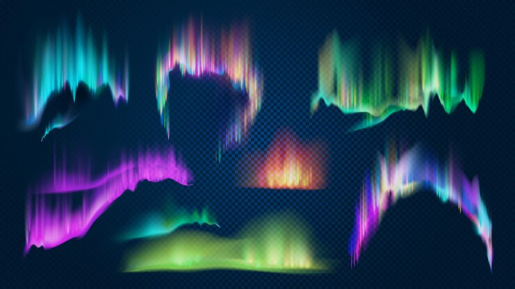 Vektor realistische aurora borealis nordlichter im nachthimmel. polar leuchtender natürlicher effekt. glänzende antarktische farbige 3d-lichtwellen-vektor-set. illustration der nördlichen aurora, polarlicht nord