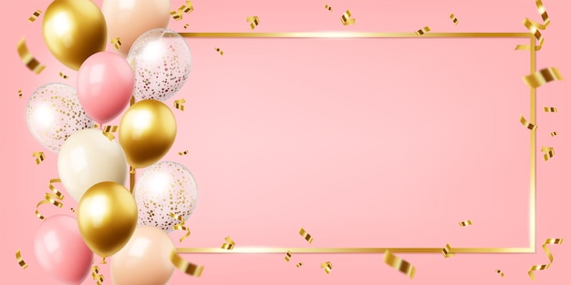 Realistische Ballon-Grüßkarte Stilvolles luxuriöses dekoratives Poster mit leerem Raum Goldene Ballons glänzender Rahmen und Konfetti präziser Vektorhintergrund