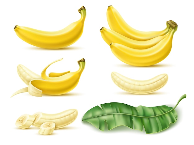 Realistische Banane Tropisches Dessert Obst ganz geschnitten und geschältes grünes Blatt 3D isolierte Elemente natürliche gesunde Nahrung gelbe geschnittene Snack exotisches Produkt Kochingredienz Vektor-Set