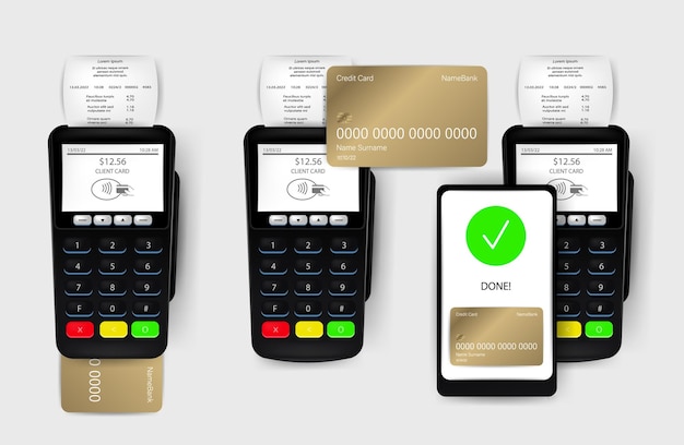 Vektor realistische bargeldlose zahlung mit pos-terminal-kreditkarte und telefonset-banking erfolgreich mit recei
