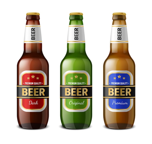 Vektor realistische bierflasche glas 3d-getränkebehälter erfrischungsbrauerei produkte vorlage isolierte geschlossene flaschen mit etiketten mockup vektor verschiedene farben verpackungssatz für alkoholische getränke
