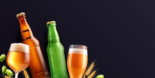 Realistische Bierkomposition auf dunklem Hintergrund