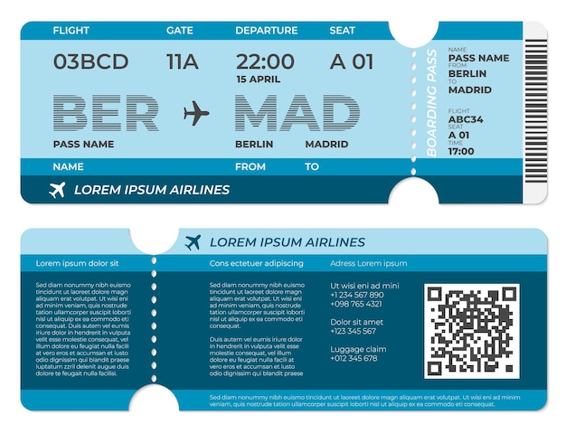 Vektor realistische bordkarte. flugticket-vorlage, leere vorder- und rückansicht der flugeinladung. isolierte reisende flyer neuer vektorsatz. abbildung flugticket, bordkarte des flugzeugs