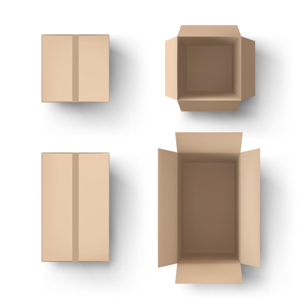 Realistische braune Schachtel Öffnen und Schließen von Paketkartonverpackungen und Lieferkartons Draufsicht 3D-Mockup-Vektorsatz