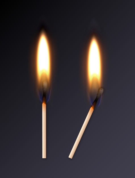 realistische brennende Übereinstimmungen mit orange Flamme auf dunklem Hintergrund