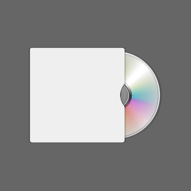 Realistische cd-scheibe im weißen papierordner, leere 3d-vorlage, vektorgrafik dvd-kompaktmusik-hülle