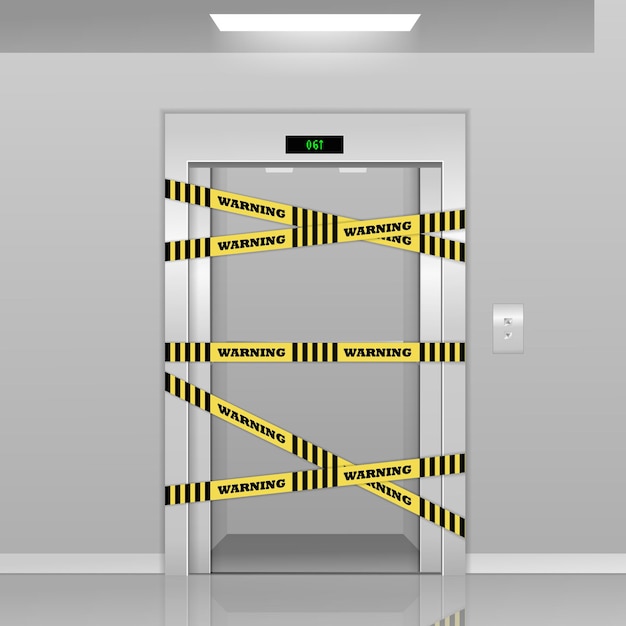 Realistische d kaputte aufzüge bei der reparatur mit warnender gelber bandmetalllifttür mit realistischer beule