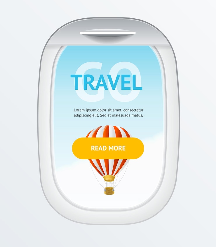 Vektor realistische detaillierte 3d-bannerkarte für reisen und tourismus mit offenem bullauge und heißluftballon-vektorillustration