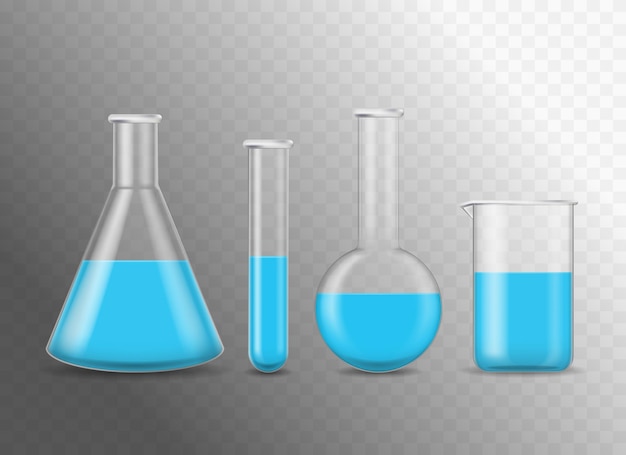 Realistische detaillierte 3D-Chemische Glasflaschen Set Röhre und Becher für Forschungsexperiment Vektor-Illustration der Ausrüstung Chemie Wissenschaft
