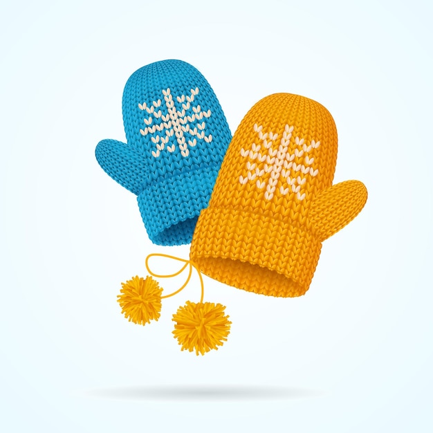 Realistische, detaillierte 3d-gestrickte wollhandschuhe mit schneeflocken-set. vektorillustration eines fäustlings mit pompon