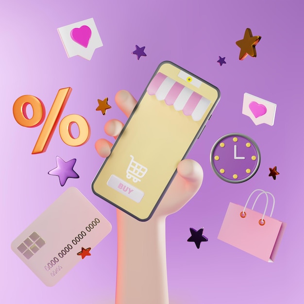 Realistische detaillierte 3D-Hand, die mobiles Smartphone mit Shopp-App-Vektor hält