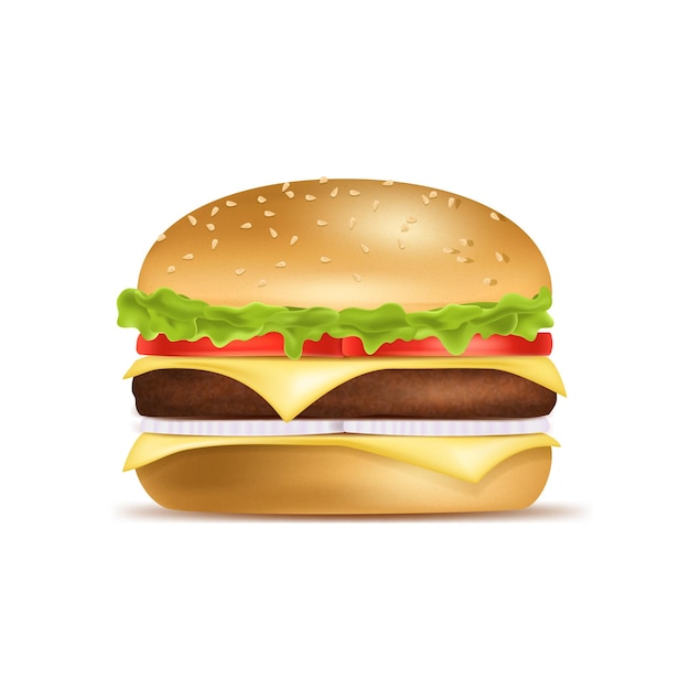 Realistische, detaillierte 3D-klassische amerikanische Hamburger mit Tomaten-Zwiebel-Käse und Rindfleisch-Vektorillustration des Burgers