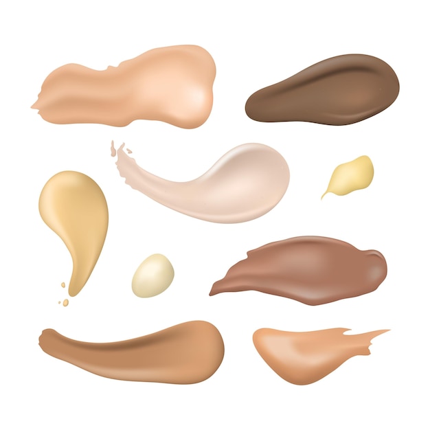 Realistische, detaillierte 3D-Kosmetik-Concealer-Abstrichstriche, Set mit verschiedenen Toncremes für die Pflege der Haut, Nahaufnahme, Vektorillustration des Foundation-Produkts