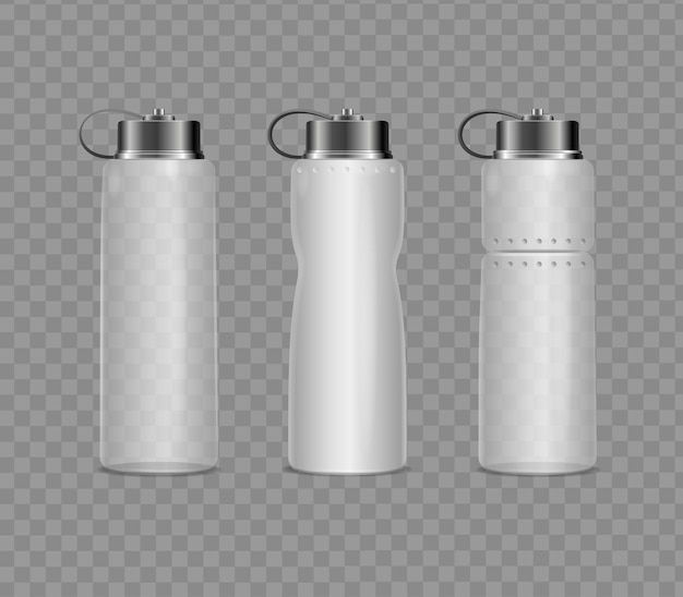 Realistische detaillierte 3D-Leere Fitnessflasche auf durchsichtigem Hintergrund Vektorillustration von Plastikflaschen
