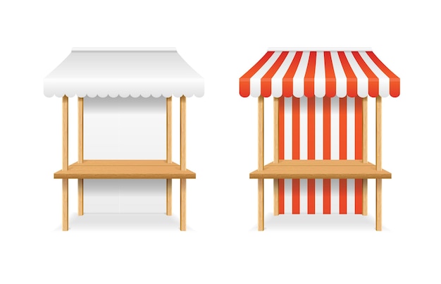 Realistische, detaillierte 3D-leerer und gestreifter Marktstand, leere Vorlage, Mockup-Set, Vektorillustration von Ständen
