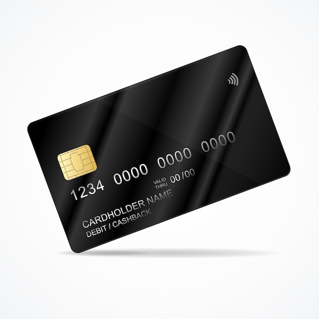 Realistische detaillierte 3D-Schwarz-Plastik-Kreditkarten-Vorlage mit Chip-Debit- und Cash-Back-Vektor-Illustration