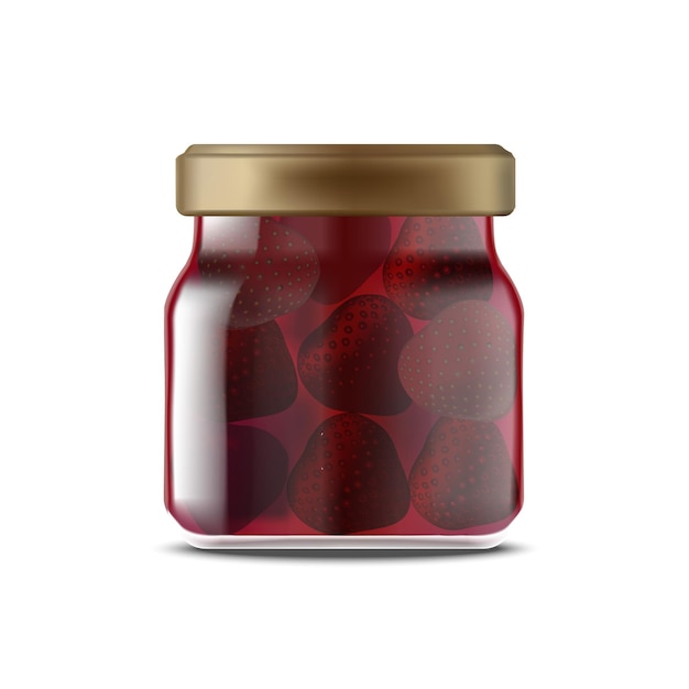 Realistische detaillierte 3d-strawberry jam glaskrug mit kappe voll für werbung vektor-illustration von krugchen