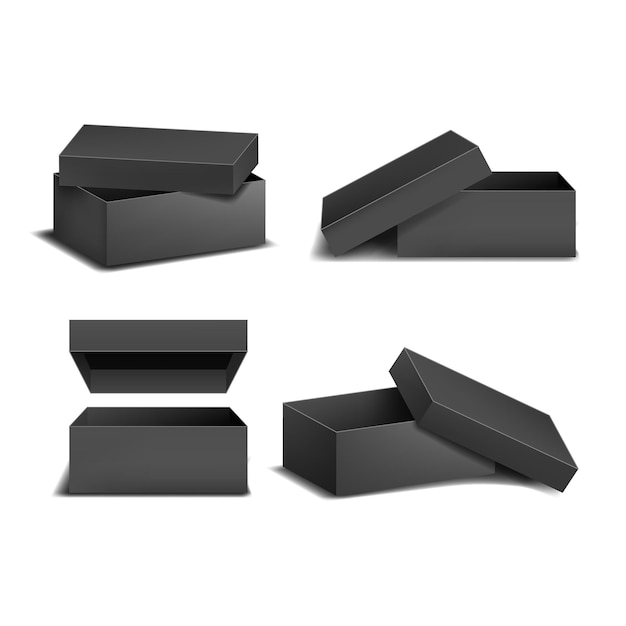 Realistische detaillierte 3D-Vorlage Leer schwarzes Quadrat geöffnete Kisten Mock Up Verpackung Karton Vektor-Illustration von Kiste oder Behälter