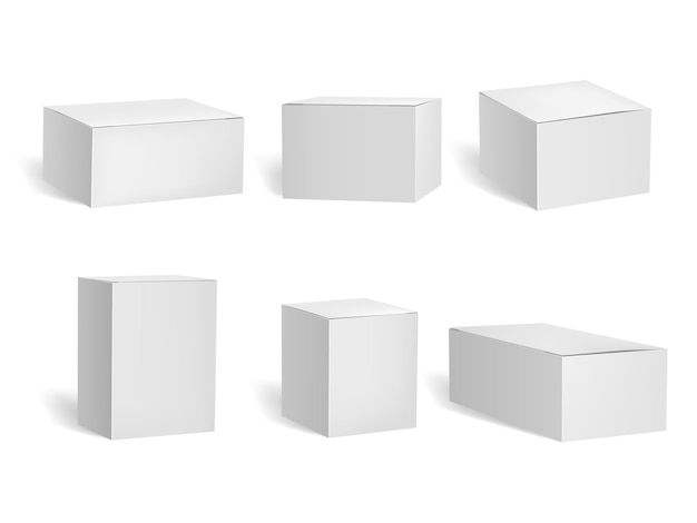 Realistische detaillierte 3D-Weiße Leerboxen Vorlage Mockup Set Vektor
