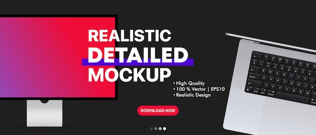 Realistische detaillierte Anzeige Studio Mockup Desktop-Computer und Laptop Jetzt herunterladen Schaltfläche Kann für Business-Präsentation, Werbung oder Marketing verwendet werden Vektor-Illustration