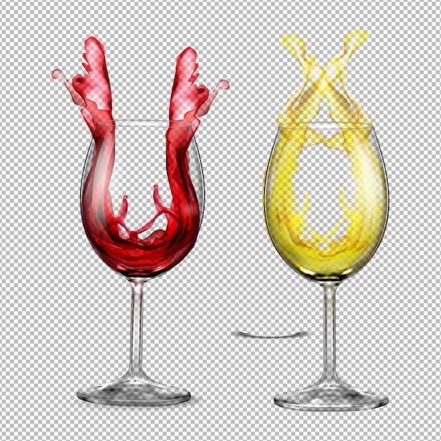 Realistische durchsichtige Sammlung von Trinkgläsern, die mit Rotwein gefüllt sind