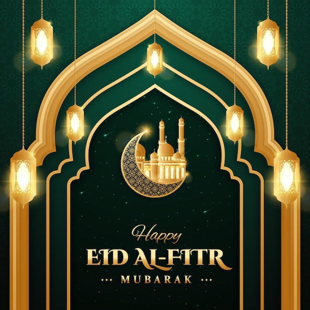 Realistische Eid al-Fitr-Mubarak-Illustration mit Laterne und dreidimensionalen arabischen Ornamenten