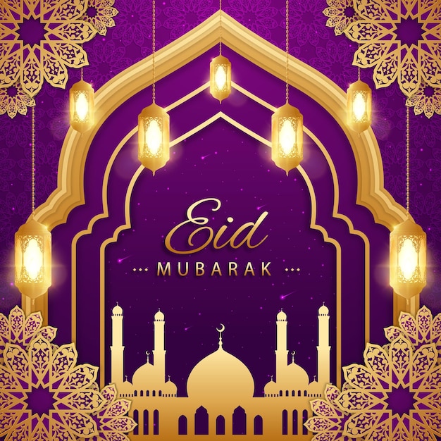 Realistische eid mubarak-illustration mit moschee und laterne