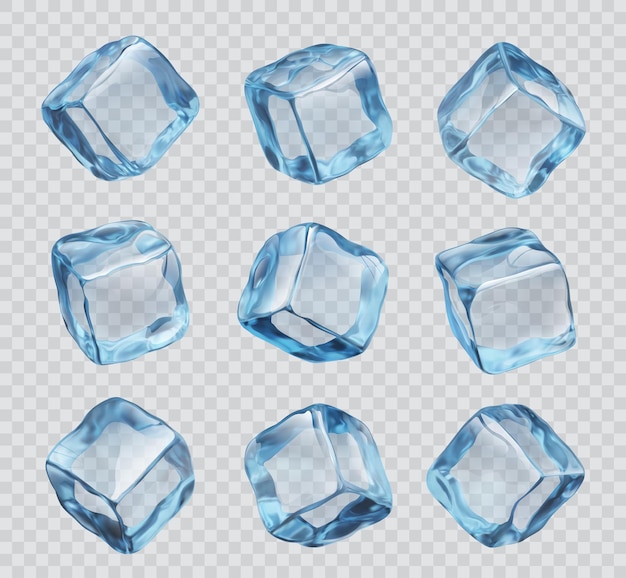 Realistische Eiswürfel, kristalline eisige Blöcke. Isolierte 3D-Vektorblau-Glasstücke für die Getränkekühlung, saubere quadratische Blöcke, gefrorenes Wasser für Alkohol- oder Cocktailgetränke auf durchsichtigem Hintergrund