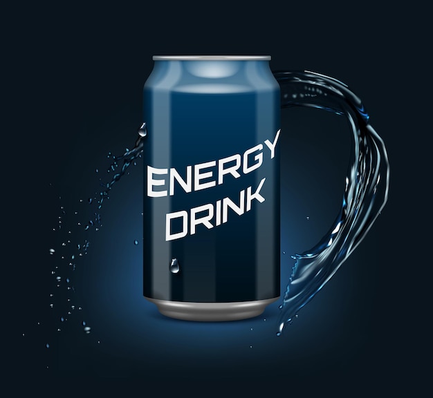 Realistische energy-drink-farbverlaufsblau mit wasser auf dunkelblauem hintergrund