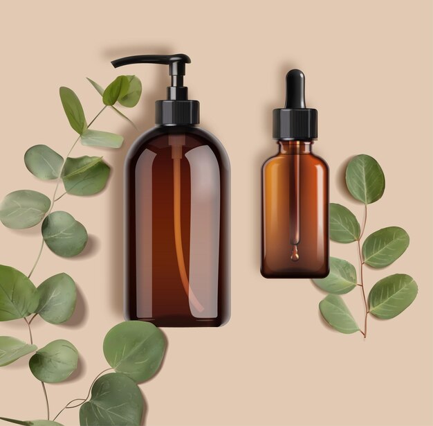 Vektor realistische eukalyptus-flaschen-kosmetik-set schönheits-eukalyptuss-design-behandlungskosmetik