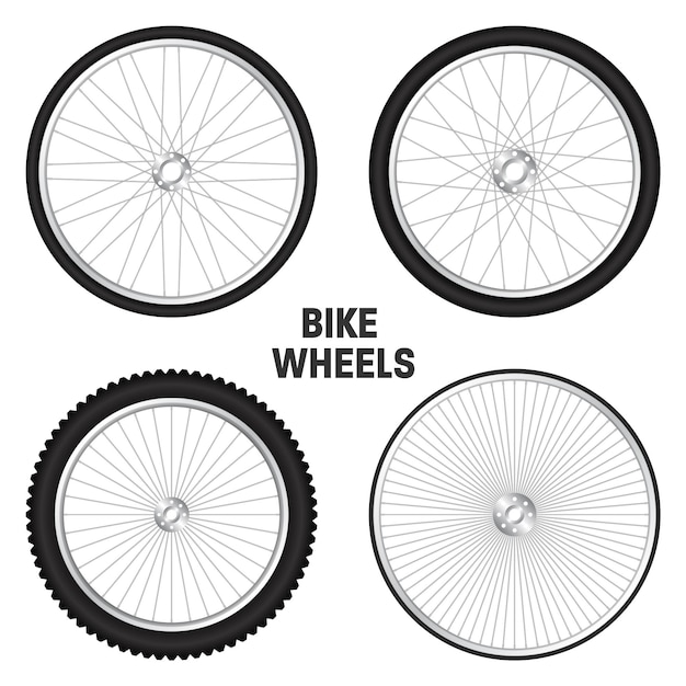 Realistische Fahrradräder, Reifen, Gummireifen, glänzende Metallspitzen und Felgen, Fitness-Rad, Touring-Sport