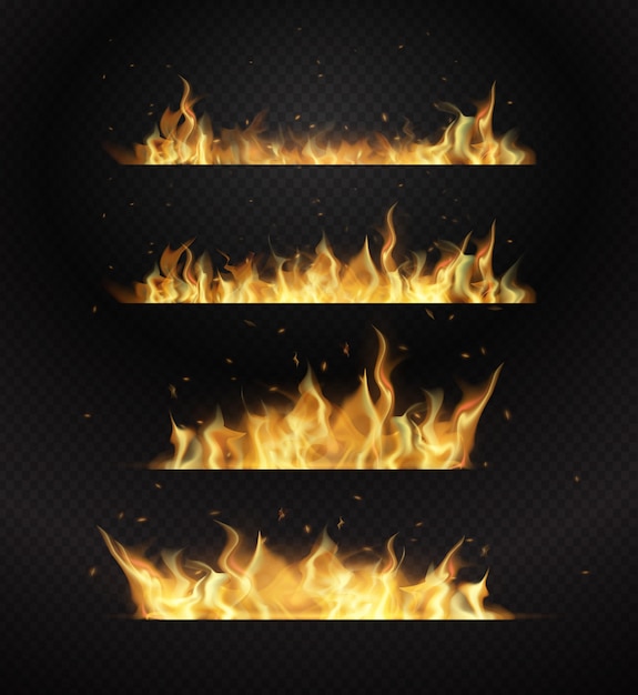 Realistische Feuerflammen auf transparentem Hintergrund. Flache Designillustration