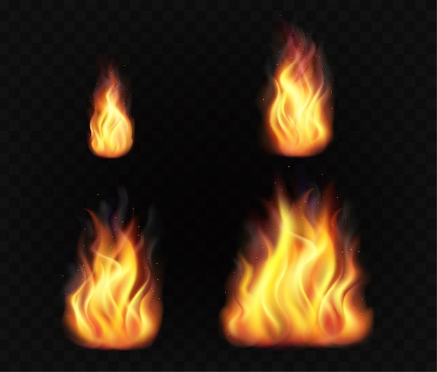 Realistische Feuerflammen. Satz transparenter brennender Lichteffekte.