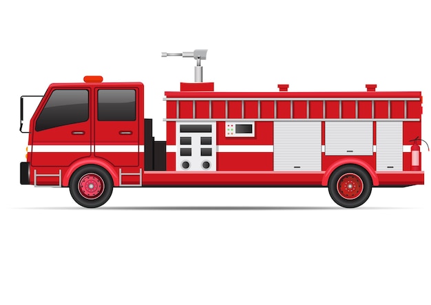 Realistische Feuerwehrauto-Seitenansicht lokalisiert auf Weiß. Vektorillustration
